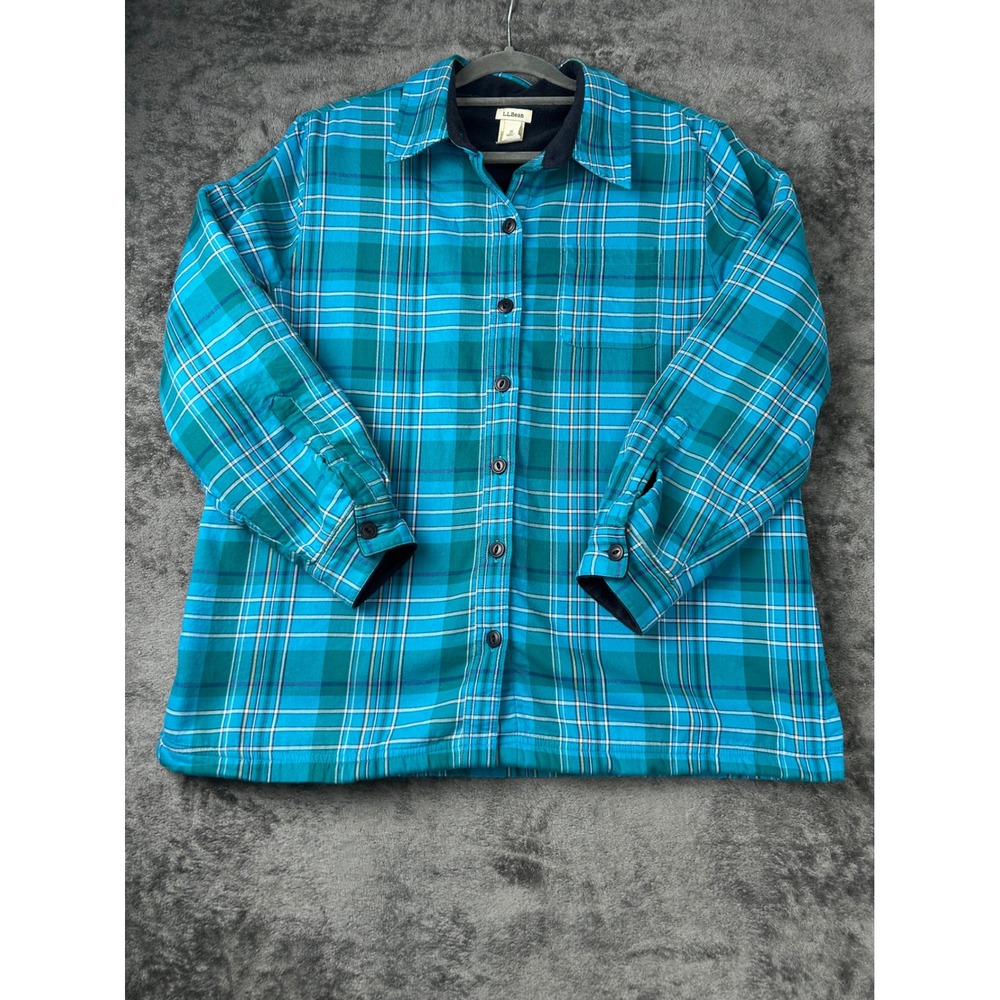 LL Bean Womens Petite M Fleece Lined Flannel Shirt Jacket Teal Turquoise Plaid